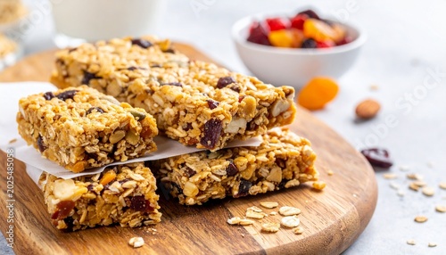 A stack of homemade granola bars with dried fruits and nuts on a wooden cutting board