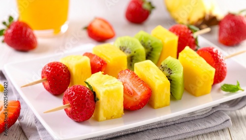 Fresh fruit skewers with strawberries, pineapple, kiwi on a white plate