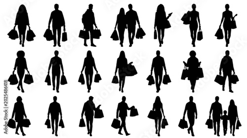 Quadro su tela Silhouettes of people walking in a line isolated on transparent background, Vect
