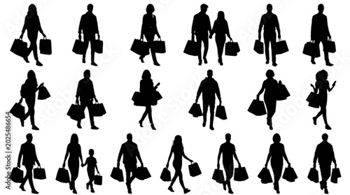 Billede på lærred Silhouettes of people walking in a row isolated on transparent background, Vecto