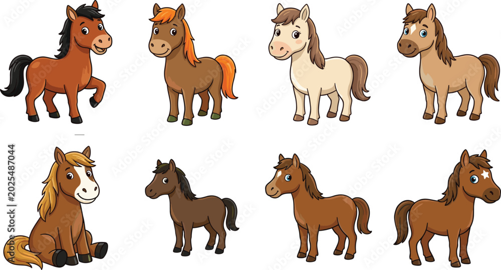 Fototapeta premium Cute Pony and Horse Cartoon Vector Collection Featuring Adorable Farm Animal Characters with Hand Drawn Illustration Style for Kids Educational Design Projects
