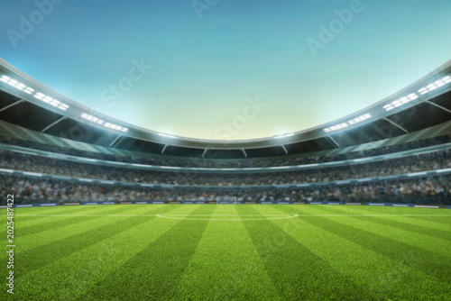 Soccer stadium field with blue sky, soccer background