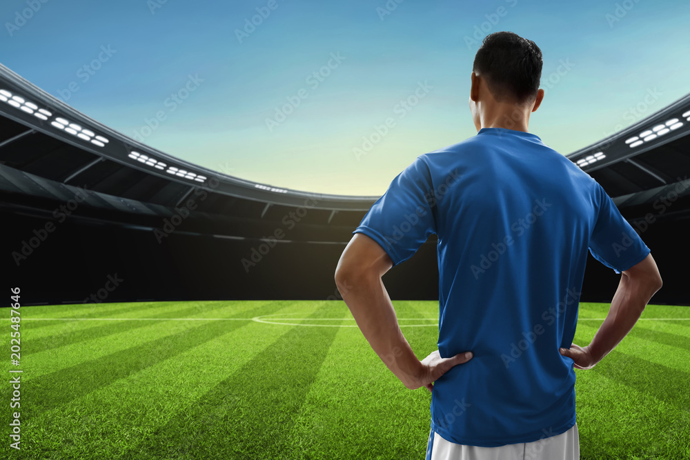 Fototapeta premium Back view of professional soccer standing in empty stadium field