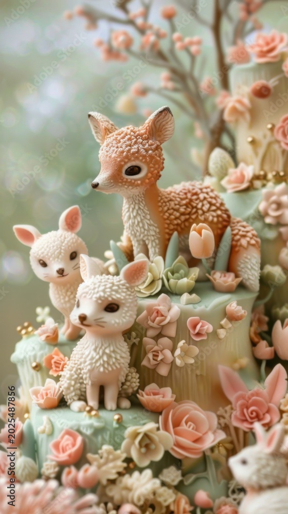 Obraz premium Sweet fox and deer decorations on a cake with flowers displayed at a party during daytime in a garden setting