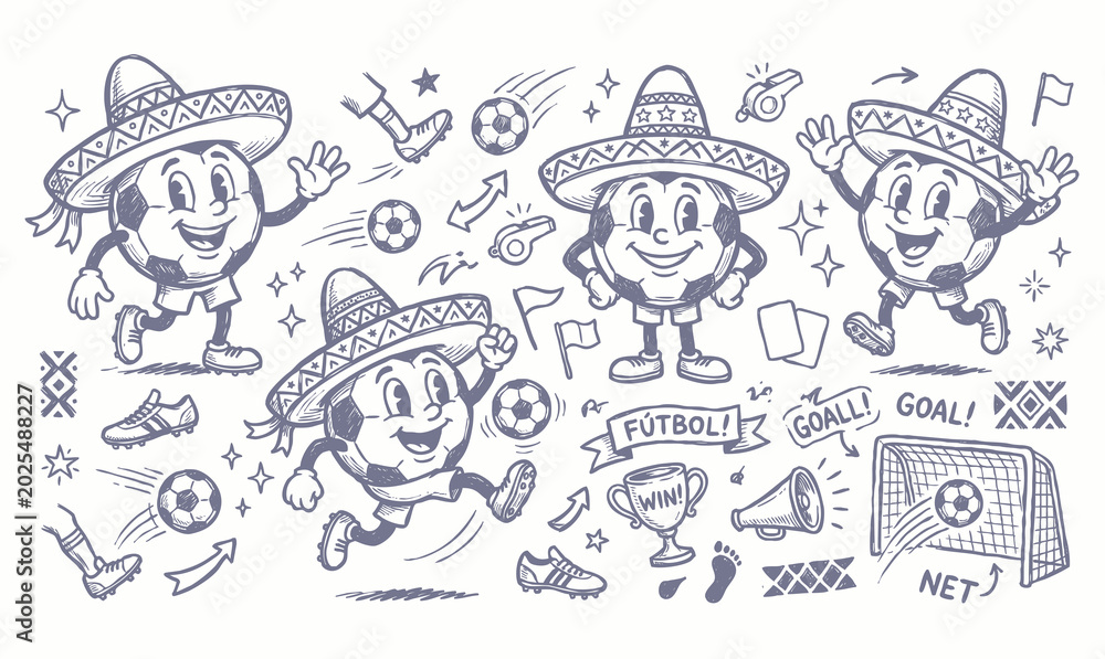 Obraz premium Vintage 1930s Rubber Hose Style Soccer Ball Mascot and Football Championship Doodle Set