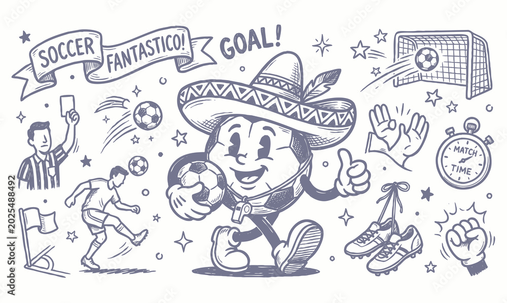 Obraz premium Vintage 1930s Rubber Hose Style Soccer Ball Mascot and Football Championship Doodle Set
