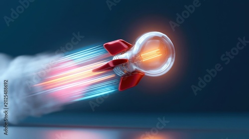 Innovative light bulb rocket flying fast with bright glowing filament concept