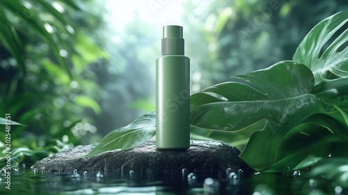 Green cosmetic bottle on stone podium in tropical forest with monstera leaves and water