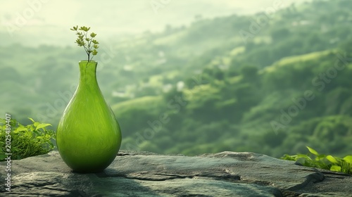 Green glass vase with small plant on stone surface overlooking misty green valley