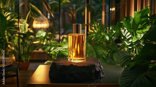 Amber perfume bottle on raw stone pedestal in luxury interior with tropical plants