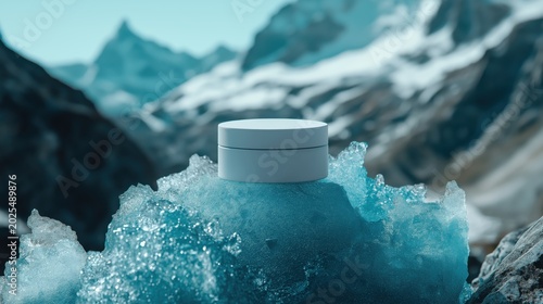 White cosmetic cream jar on ice block podium in frozen mountain landscape
