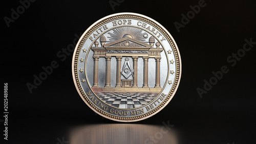 Commemorative gold coin with King Solomon's Columns and jachin and a Masonic logo