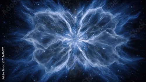 Blue celestial nebula in the shape of flower in deep space with glowing stardust