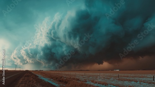 Ominous supercell storm shelf cloud over country road and rural landscape