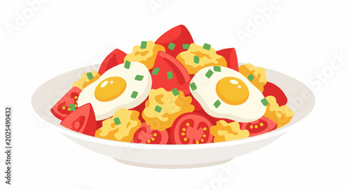 A colorful bowl overflowing with fried eggs, sliced tomatoes, and scrambled egg pieces