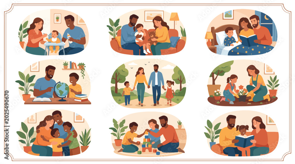 Fototapeta premium Illustrations of diverse families with children celebrating World Parents Day in various heartwarming moments together