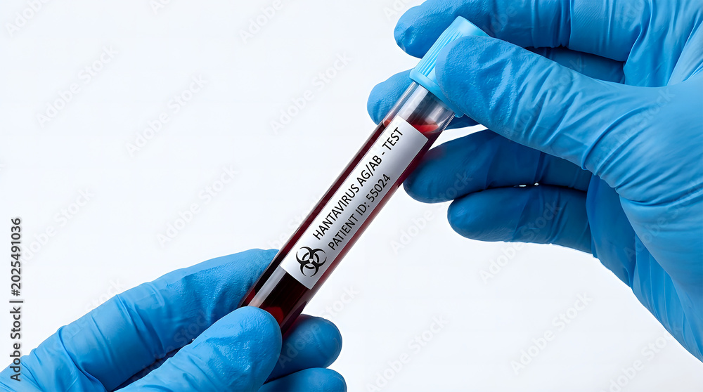Fototapeta premium Medical professional handling blood sample in laboratory setting with gloves on