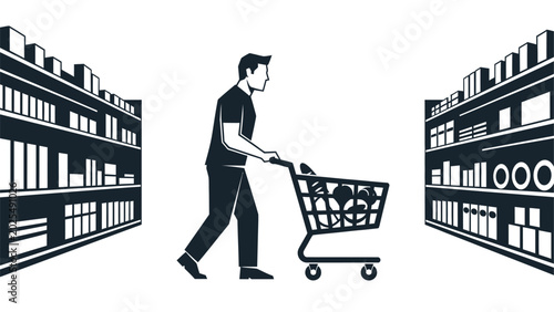 Bild auf Leinwand Man pushing a shopping cart full of groceries in a supermarket aisle
