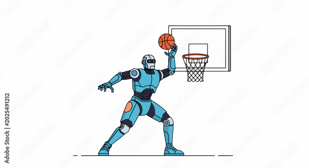 Fototapeta premium A blue robot dunks a basketball on a white background with a hoop