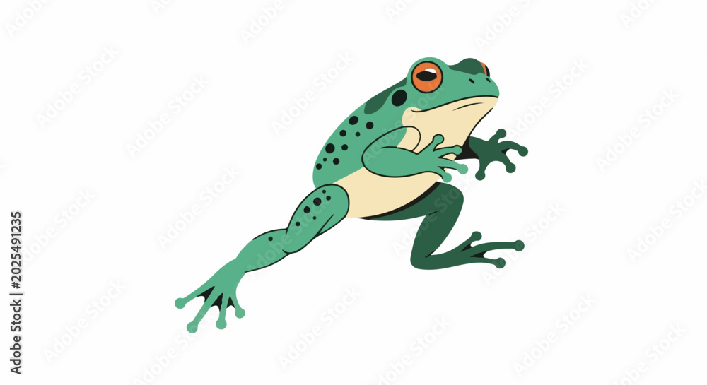 Fototapeta premium A cartoon frog with orange eyes and green patterned skin is leaping
