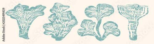 Canvastavla Teal linocut chanterelle set: textured block print fungi with detailed gills on