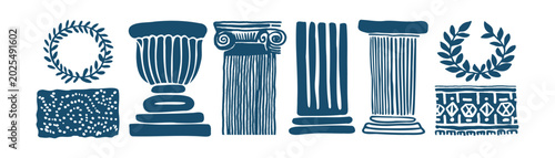 Fotografie Ancient Greek silhouette set: naive linocut illustration of columns, ionic pilla