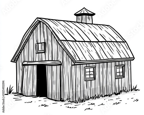 Charming Cartoon Style Illustration of a Rural Countryside Stable, Wooden Structure and Farm Life