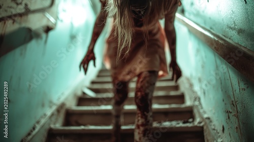 A haunting figure emerges from the shadows, climbing a stairway in an abandoned space, evoking fear and intrigue through its unsettling, bloodied appearance and eerie surroundings.
