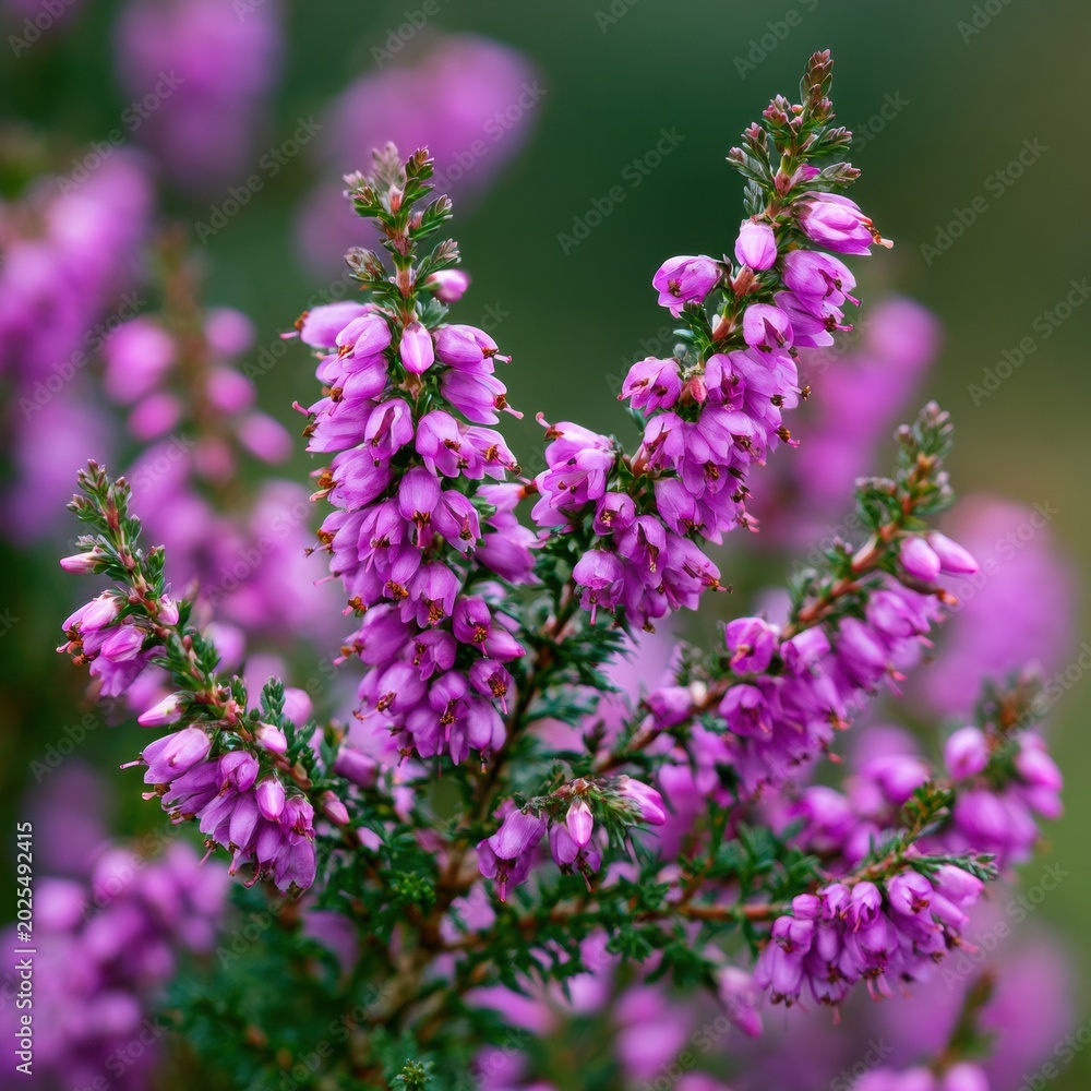 Obraz premium Close up macro of pink purple heather flowers blooming on green background