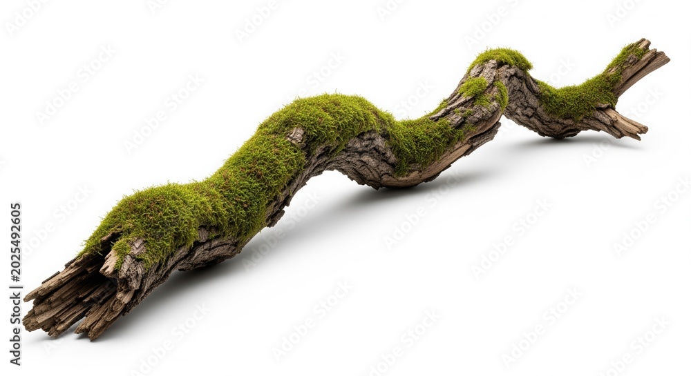 Obraz premium A curved fallen branch covered in bright green moss, showing natural decay and regrowth. The weathered wood has exposed dark bark beneath the soft moss coating. Ideal for nature and ecology projects.