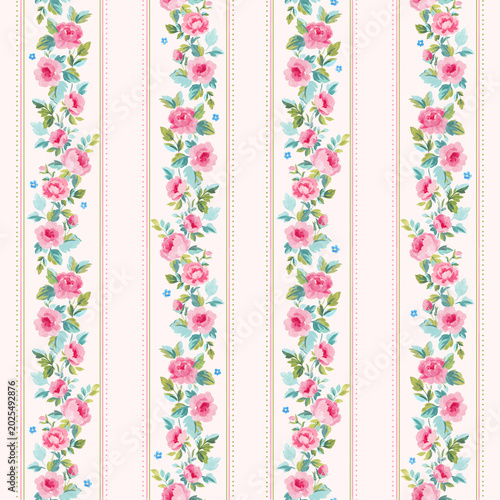 Soft Watercolor Rose Stripe Pattern for Nursery Wallpaper and Baby Room Decor. Feminine Floral Seamless Design with Pastel Botanical Elements