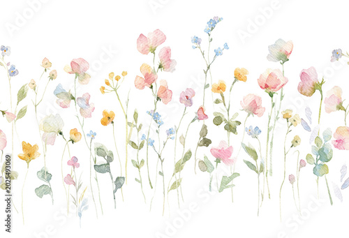 Watercolor Wildflower Border Seamless Pattern with Sweet Peas and Forget Me Nots. Delicate Pastel Floral Meadow for Nursery Wallpaper, Fabric and Cottage Core Design.