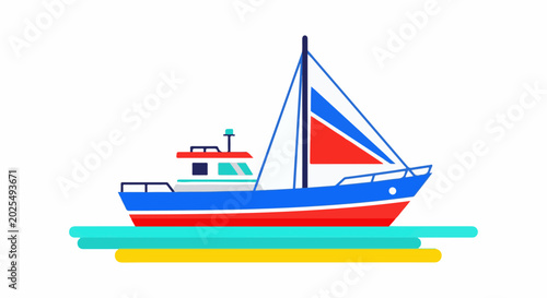 A colorful, stylized sailboat with red and blue sails glides over abstract, flat water lines