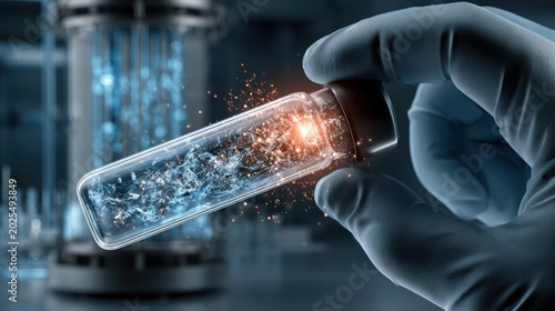 A vial containing stem cell solution is held up against a light source, highlighting its clarity and scientific significance in medical research and biotechnology.