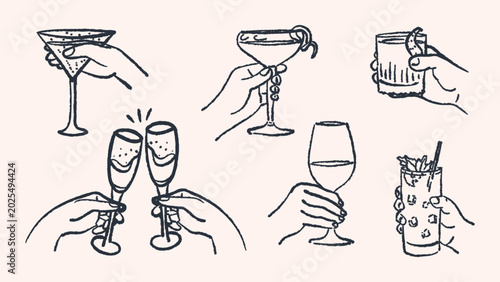 Bild auf Leinwand Vector set of hand drawn human hands holding different alcohol cocktails and glasses with textured charcoal outlines