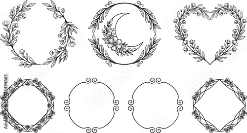 Bild auf Leinwand Elegant floral frame vector collection featuring crescent moon wreaths, decorative heart borders, circular branch labels, and mystic botanical elements on white background