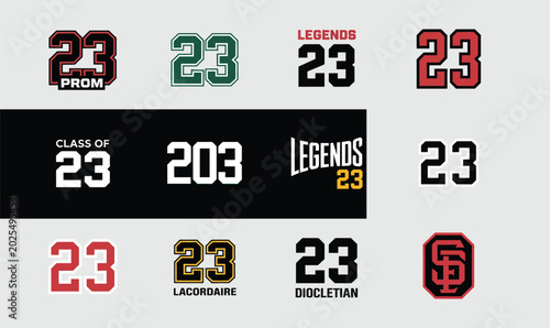 Varsity jersey number 23 template with vector athletic college sport numbers for t-shirt print