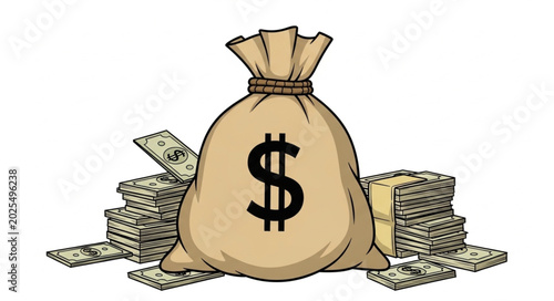 Canvas Print Bag of Money with Stacks of Cash Illustration.