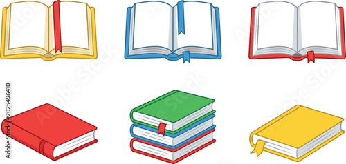 Принти на полотні Open and closed book vector collection featuring colorful hardback covers, page bookmarks, textbook stacks, and educational literature elements on white background