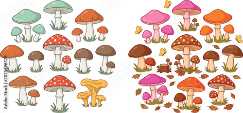 Canvastavla Mushroom vector illustration set with hand drawn colorful forest fungi fly agari