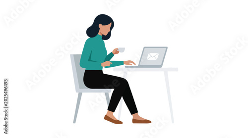 A woman sits at a desk with a laptop displaying an email icon, holding a coffee cup while working in a minimalist vector style illustration.