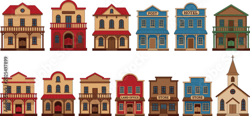 Billede på lærred Wild west town wooden buildings vector collection featuring retro saloon, hotel, general store, church, post office, and cowboy village architecture on white background