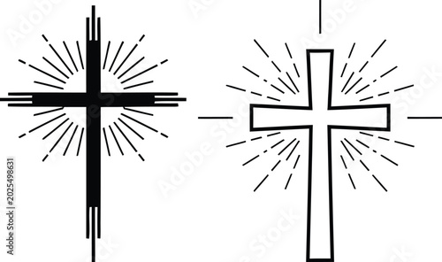 Quadro su tela Two different cross symbols with sunburst lines on white background