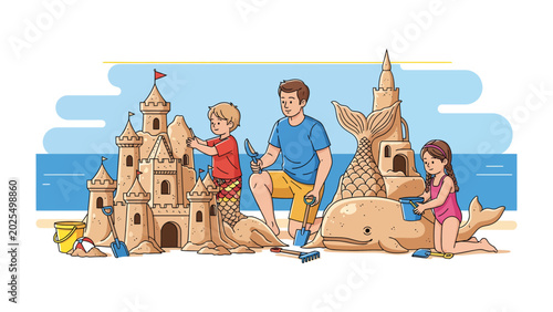 Billede på lærred Beach Day Delight: A family creates an epic sandcastle and a whale sculpture on a sunny beach, enjoying a perfect summer day by the sea