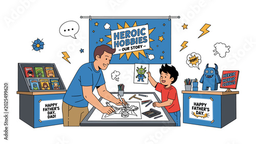 Photos Father and Son Hobby Day: A father and son bond over creative drawing at a table adorned with Happy Father's Day signs, surrounded by displays of heroic comics and whimsical character figures