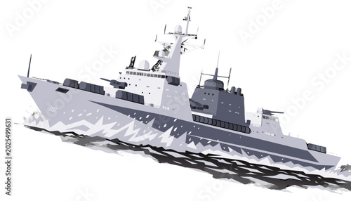 Black and white graphic design of a military stealth frigate battleship on the ocean.