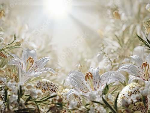 Easter eggs gracefully dissolve into white lilies and blossoms, symbolizing resurrection in a serene spring setting.
