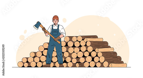Determined lumberjack wearing overalls and a beanie standing with an axe in front of a large stack of chopped wood logs.
