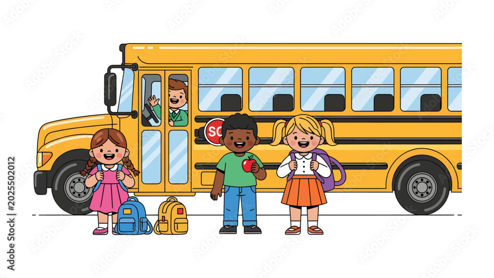 Φωτογραφία School Bus Arrival: Diverse group of happy elementary students with backpacks stand in front of a yellow school bus, ready for a new day of learning and adventure