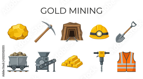 Foto Gold Mining Tools and Safety Equipment with Mine Entrance and Gold Bars